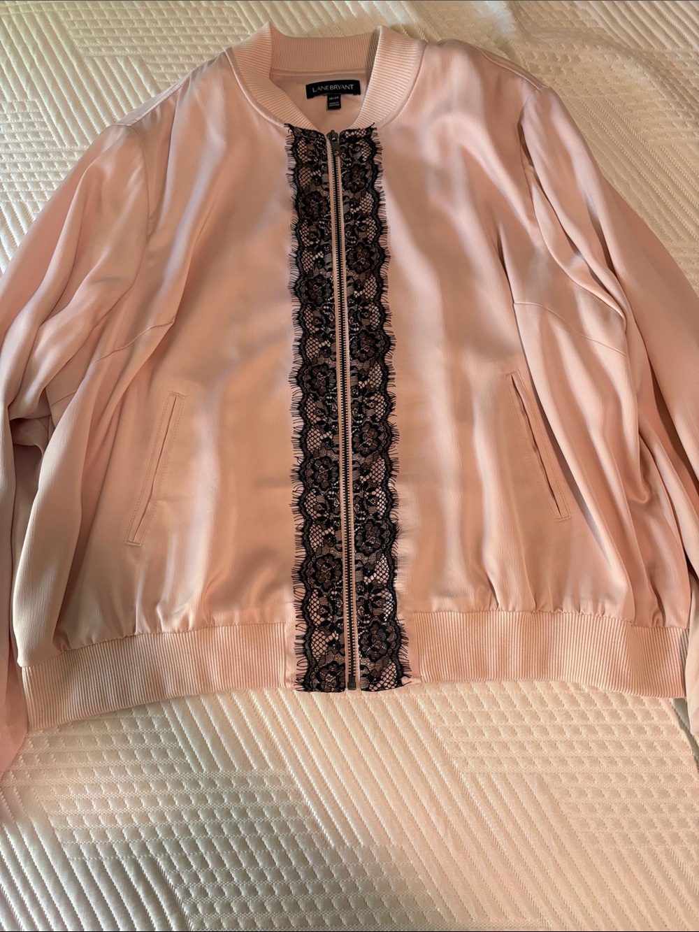 Lane Bryant Blush Pink Bomber Jacket with Black Lace Trim